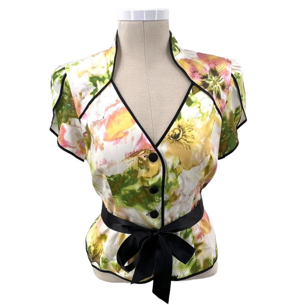 JS Collections Watercolor Floral Ribbon Belt Satin Silk Lined Blouse Top Size 12